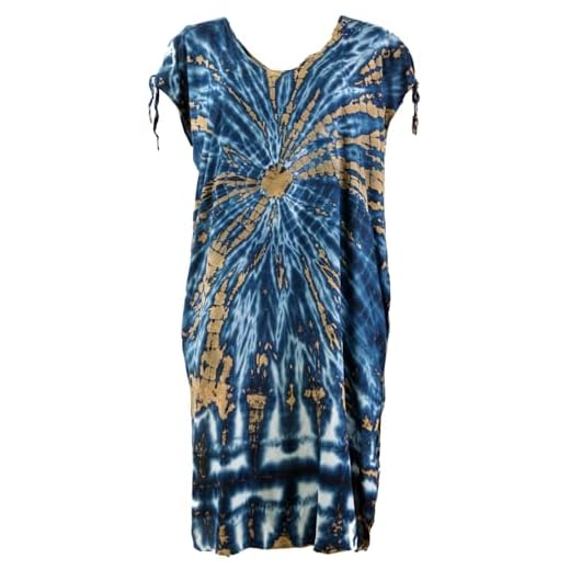 GURU SHOP Kaftan, Langes Kurzarm Batikkleid, Strandkleid, Sommerkleid in Übergröße, Damen, Blau, Synthetisch, Size:One Size, Lange & Midi-Kleider Alternative Bekleidung