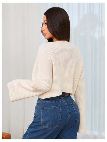MakeMeChic Women's Cream Cropped Sweater Knit Crop Top Sweater V Neck Drop Shoulder Long Sleeve Pullover2