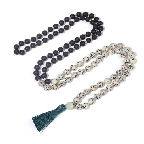 BALIBALI 8MM Beads Chakra Long Mala Necklace Natural Stone Meditation Statement Necklace Japa Yoga Buddhist Rosary Prayer Charm Beaded Tassel Necklace（Spotted stone+Black Agate）