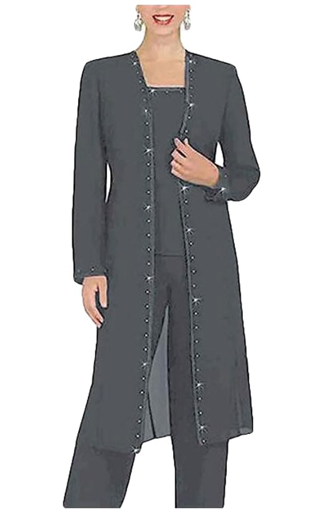 Botong Women's Grey Chiffon Mother Of The Bride Pants Suit 3 Pc Beaded Wedding Outfits Long Jacket Prom Evening Outfits Uk18