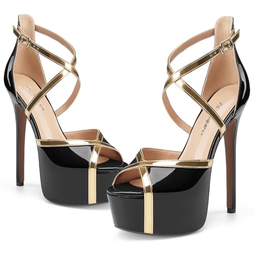 Oh Mispares Stiletto High Heel Sandals Platform Peep Toe Gold Crisscross Strappy Buckle Comfy 6 inch Heeled Spring Summer Sandals for Women Dressy3