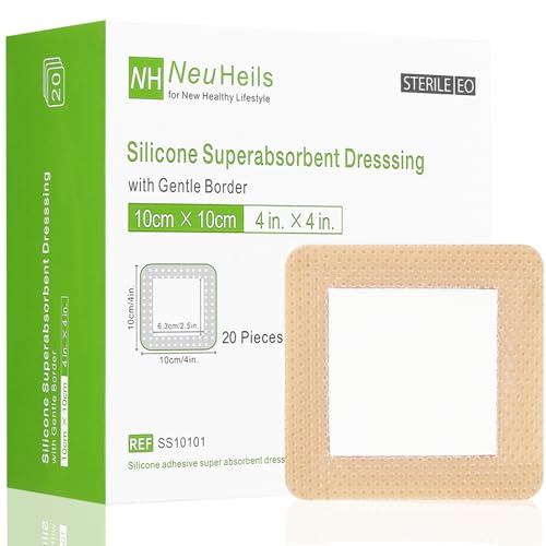 NeuHeils Silicone Super Absorbent Wound Dressing 4x4 20 Packs Self-Adhesive Waterproof Bandage with Ultrasorb Pad for Heavy Exudates Wound Soft Gauze Island Dressing