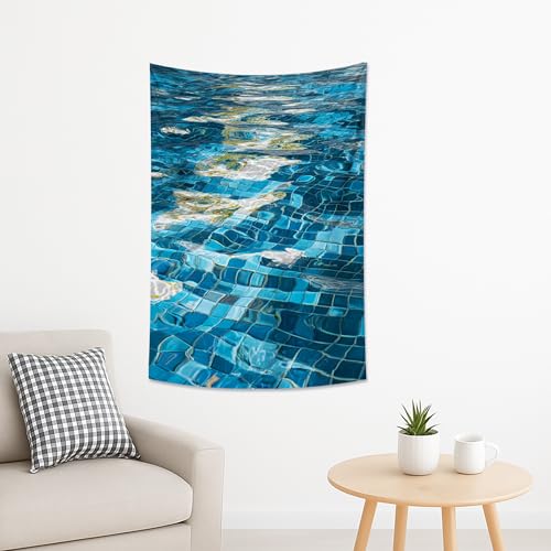 Tapiz de reflejo de agua azul, diseño de olas de agua, decoración de océano, tapiz estético de verano para sala de estar, dormitorio, junto a la piscina, 101 x 152 cm