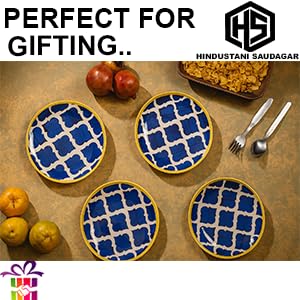 Image of HS HINDUSTANI SAUDAGAR Blue Umrao Quarter Ceramic Plates Sets of 4 dinnerware Sets Plates for Dinner Pasta Lunch thali & Dinner Set Handcrafted Ideal Kitchen Design for Daily Use and Gifting