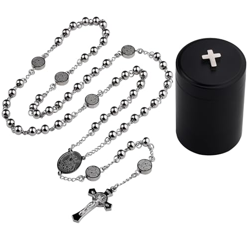 HanlinCC Stainless Steel Catholic Rosary Necklace with Gift Box with Saint Benedict Saint Michael Miraculous medal for Men and Women