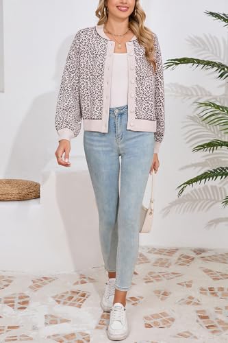 Image of D-Sun Women Leopard Cardigan Sweater Cropped Button Down Long Sleeve Crewneck Sweater Fall Winter Open Front Printed Top