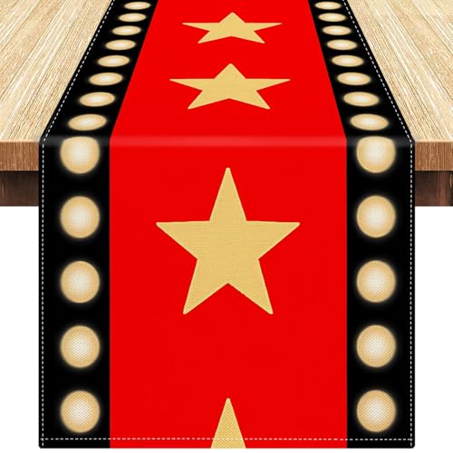 Caminho de mesa vermelho com tema de filme noturno de estrelas douradas caminho de mesa de linho tapete vermelho decoração para festa de aniversário de filme suprimentos 40 x 140 cm