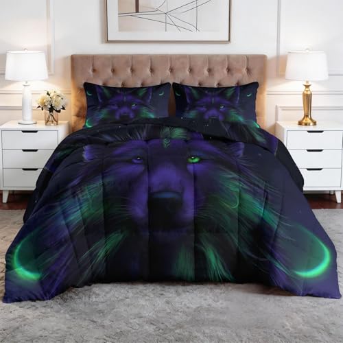 Genérico Edredón Nórdico 4 Estaciones Fantasía Oscuro Animales Lobo Todo en Uno Microfibra Premium y Acolchado en Diamante – Transpirable, Lavable y Suave 220 x 240 cm Set de Ropa de Cama, Púrpura