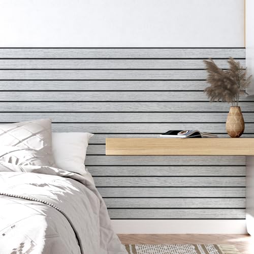 Wallercity Gray/White Wood Slat Wall Panel for Walls Self Adhesive Noise Cancelling Wood Panels for Bedroom Living Room Peel and Stick Acoustic Decorative 3D Sound Absorbing Wall Paneling 11.8''x118'' by Wallercity - Used condition - Image 5