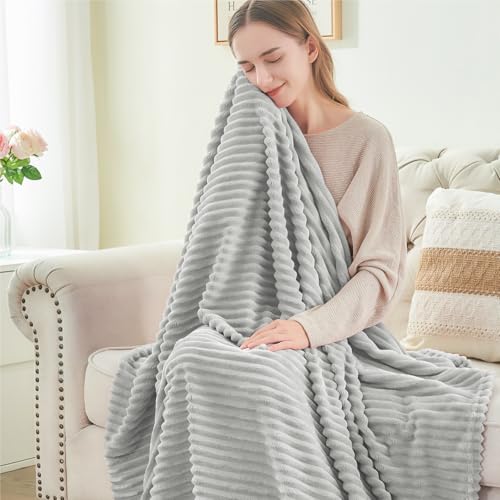 Image of BEDELITE Fleece Throw Blanket for Couch - 3D Ribbed Jacquard Soft and Warm Decorative Fuzzy Blanket - Cozy, Fluffy, Plush Lightweight Light Grey Throw Blankets for Bed, Sofa, 50x60 inches