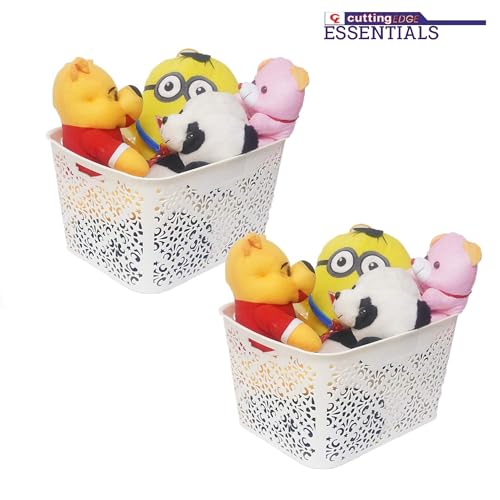Image of Cutting Edge Essentials Plastic Storage Baskets /Shelf /Turkish Rack without Lid - Set of 2 for Fruit Vegetable Bathroom Stationary Home Basket with Handle (Cream, Large)