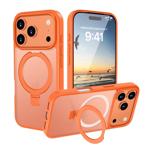 HGH Hülle für iPhone 17 Pro 6 3 Zoll mit Ständer für MagSafe Hülle mit Ring Ständer Transluzente Matt Rückseite Dünn Stoßfest Handyhülle für iPhone 17 Pro (Orange)
