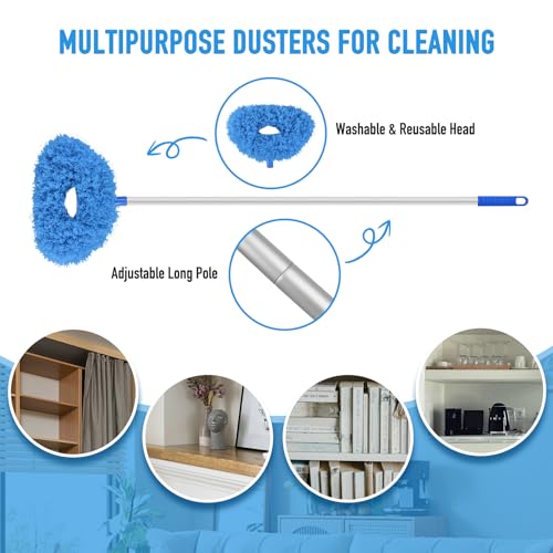 Image of Blue Ceiling Fan Duster - Extended Fan Blade Cleaner, Reusable Microfiber, Adjusts 13 to 55 Inch for Cleaning Walls, Cobweb, Door, Window Top