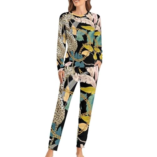 Ensemble pyjama femme chaîne en or léopard vêtement de nuit manches longues