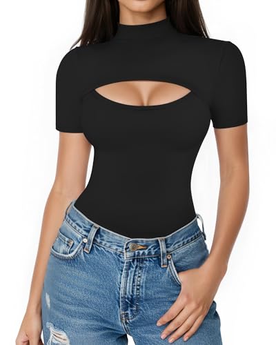 ALGALAROUND Short Long Sleeve Shirts for Women Basic Mock Turtle Neck Cut Out Tops Going Out T-Shirt Tee