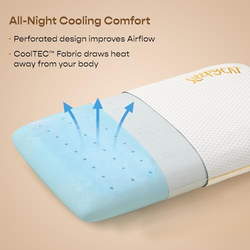 Image of SleepyCat CoolTEC Memory Foam Pillow | Full Size Ortho Support Pillow | No Sagging, Breaking or Flattening | Up to 4 Cooler | Perforated Memory Foam for Airflow | White, Set of 4 (25 x 16 Inches)