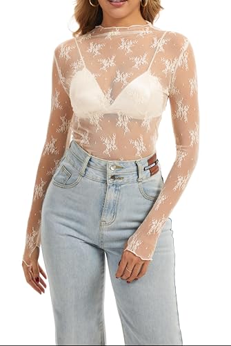 Women's Long Sleeve Lace Tops Mesh Tops Sheer Layering Top Sexy Mock Neck Floral See Through Shirt Blouse3