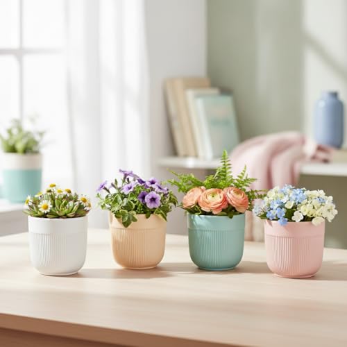 Image of Xtore 4 Pc Refined Minimal White Ceramic Planter Pot for Indoor Plants & Desk Styling | Compact Modern Tabletop Planter for Home, Office & Shelf Decor (Multicolor- Planters only)