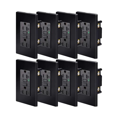 Black GFCI Outlet 20 Amp,NineLeaf 8Pack Gfi Electrical Outlet 20 Amp Black,Weather Resistant Ground Fault Circuit Interrupters,Screwless Wall Plate Included, Indoor/Outdoor,Residential Grade,ETL List