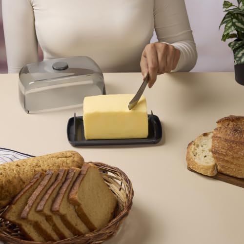 Image of Nayasa Smart Transparent Butter Dish with Lid & Butter Knife | BPA-Free Food Grade Plastic Butter Storage Container | Easy to Clean Butter Keeper for Butter, Cheese & Table Serving | Grey