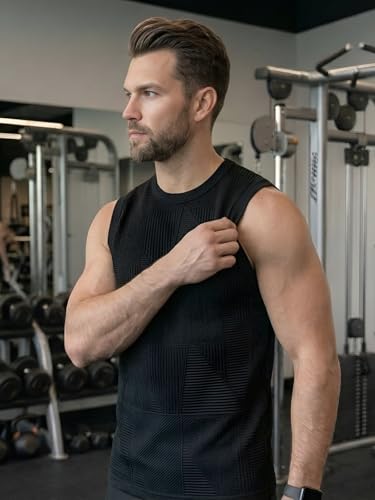 Image of GRECIILOOKS Sleeveless T Shirts for Men | Round Neck Textured Tshirt for Men in Premium Jacquard Knit | Gym Tank Top Mens Style with Stretch Comfort | Casual Streetwear Layering Tee