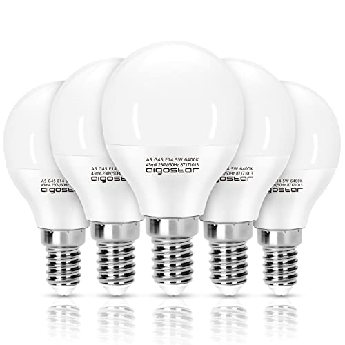 Aigostar Bombillas LED E14,5W Equivalente a 37W,Luz Fría 6400K,425 Lúmen,Bombillas Casquillo Fino,Ahorro de Energía,No Regulable,G45,Pack De 5