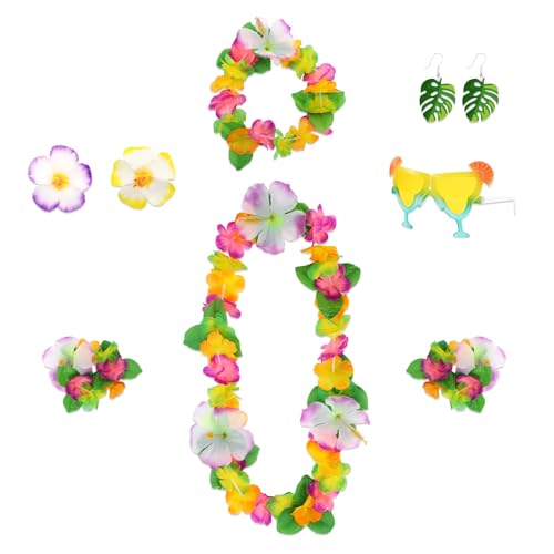 Hawaiian Outfits Accessories Set for Women, 8 PCS Hawaii Hula Costume Accessory with Tropical Flower Crown, Hibiscus Hair Clip, Leis, Bracelet, Earring and Sunglasses for Summer Beach Party Favors