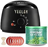 【Peppermint Essential Oil】Yeelen Wax Warmer Hair Removal Waxing Kit with 10.58oz Essential Oil Hard Wax Beans, 10 Wax Applicator Spatulas and 5 Wax Collars for Body, Face, Legs, Bikini Area