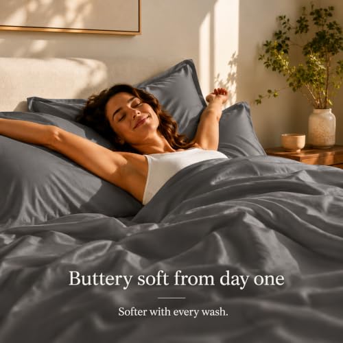 Image of 800TC Queen Sheet Set, Luxury 15 inch Deep Pocket Queen Sheets - Granite Grey | Luxury Egyptian Cotton Cooling Sheets & Pillowcase Sets, No Pill Soft Sateen Weave Bed Sheets Queen Size - OEKO-TEX Certified
