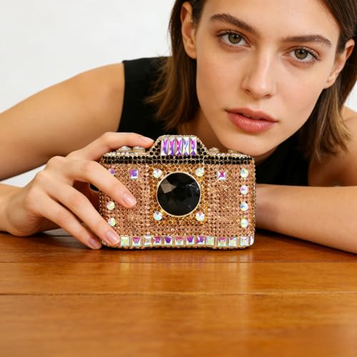 Image of UMREN Novelty Crystal Camera Shaped Clutch Purse for Women Sparkly Rhinestones Evening Clutch Bag Glitter Bridal Prom Handbag