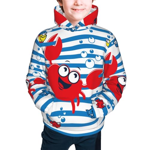 Red Funny Crab on Blue Stripe Kid Hoodies Boys Sweatshirts Girls Pullover with Pocket3
