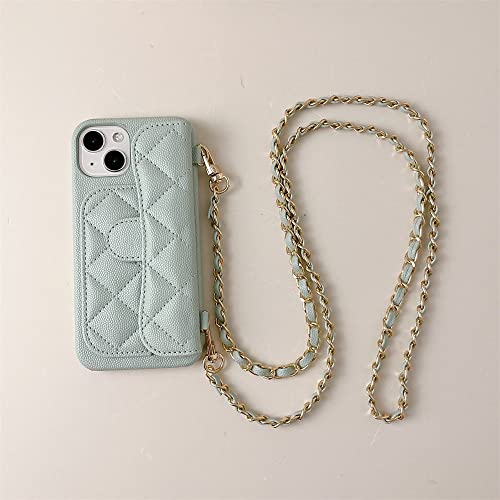 Coque cordon iPhone 13 portefeuille cuir vert avec lanière cou