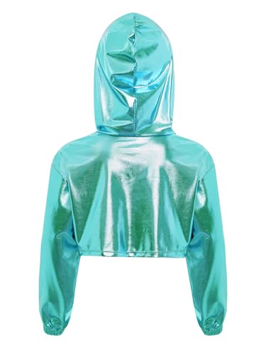 Kids Street Dance Shirts Metallic Hooded Crop Top with Raw Edge Hem Long Sleeve Streetwear for Hip Hop Dancewear2