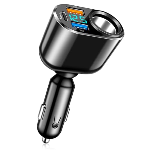 ONGNIUU 4 en 1 Cargador de Coche, 90W Cargador Coche Mechero Carga Rápida USB [Tipo C & Doble USB A Puertos] Car Charger con Voltímetro LED para Teléfonos Móviles, Tabletas, Grabadoras de Coche, MP3