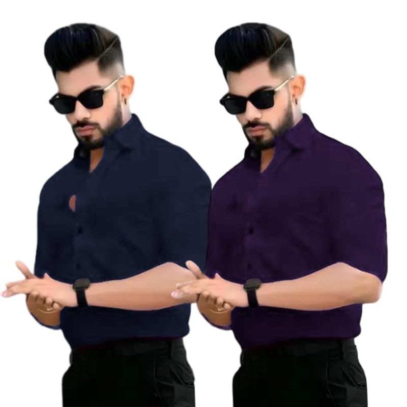 Image of Pinkmint Men's Solid Shirt | Soft Cotton Blend | Casual Shirt | Plain | Full Sleeve - Regular Fit (Available in Plus Size and Pack of 2)