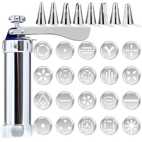 Bakverkspress för sprejkakor, sprejkakor, kakpress, prylar för att baka kakor med 20 stenciler och 8 munstycken, sprejkakor i rostfritt stål för gör-det-själv kakor bakning, tårtor dekorera