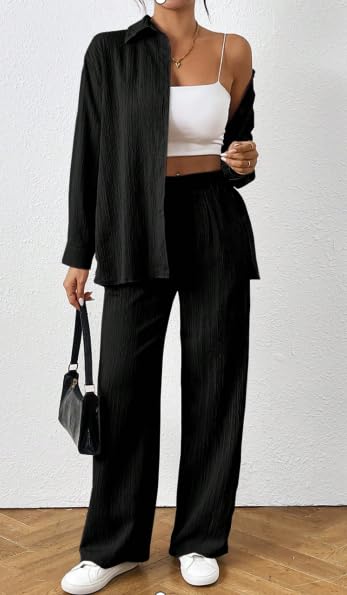 Conjunto de 2 piezas para mujer, conjunto casual de camisa de manga larga con botones y pantalones de pierna ancha, conjunto de chándal