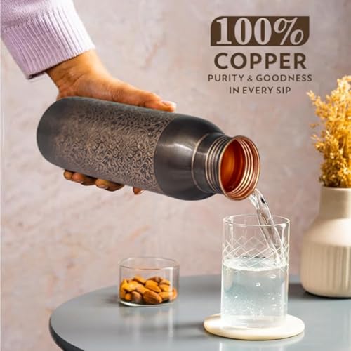 Image of Copper Water Bottle 1 Ltr | Copper Water Bottle with Glass Set | Meena Work | 100% Pure | Leak-Proof | 2 Water Glass 300ml each | Best for Gifting ((Dark Brown Design))
