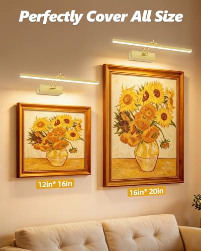 Image of 16inch Picture Lights for Wall, 5200mAh Battery Operated Art Light with Remote, Dimmable 6 Color Temperature Metal Lights for Pictures On Wall for Living Room Bedroom Hallways Gold 2 Pack