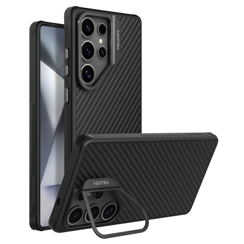 Image of Nillkin Case for Samsung Galaxy S25 Ultra (6.8 inch Inch) Carbo Prop Lens + Stand 360 Protect Magnetic Mag Safe Version Aramid Fibre + TPU Soft Edge 360 Protect Black Color