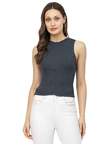 Image of Kalt Womens Knitted, Ribbed Cotton Fitted Sleeveless Round Neck Cami Tank Top