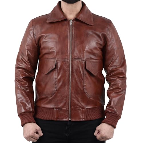 mens Genuine Brown Leather Jacket | Removable faux Fur Collar – Dual Side Pockets | Vintage Classic Biker Bomber Coat3
