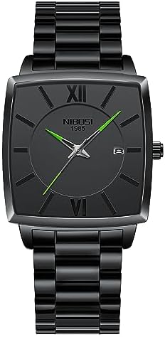 NIBOSI Men's Watches Analog Square Black Dial Watches for Men Business Waterproof Sport Military Casual Wrist Watches Stainless Steel Strap Date