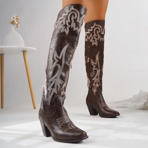 Over the Knee Cowgirl Boots for Women Pointed Toe Embroidered Western Boots with Side Zipper Chunky Long Cowboy Boots4