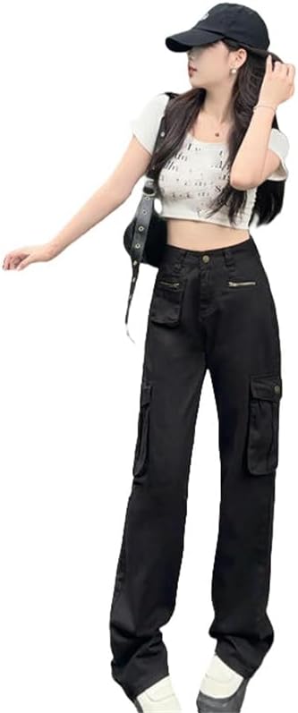 JYHBHMZG Women's American Style Autumn High Waist Straight Leg Casual Euro American Street Style Multi Pocket Cargo Pants