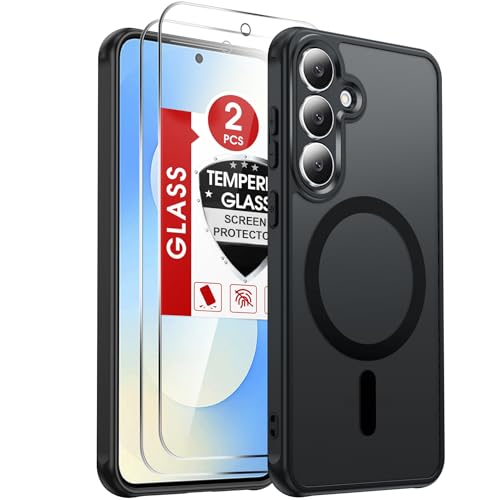 LeYi for Samsung Galaxy S25 FE Phone Case: Samsung S25FE Magnetic Case [2 Tempered Glass Screen Protector] Translucent Matte Back Cover Slim Shockproof Protective Fit for MagSafe Black