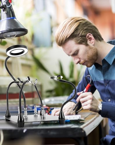 QWORK® Lutowanie z trzeciej ręki, z lampą powiększającą LED 6X, 4 ramionami pomocniczymi do lutowania, 4 kolumnami PCB