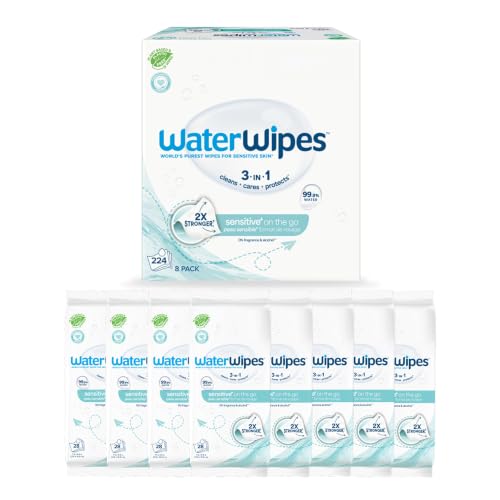 WaterWipes On The Go Wipes 99.9% Water-Based Wipes for Travel Sports and to Refresh Skin Unscented & Hypoallergenic 224 Count (8 Packs)