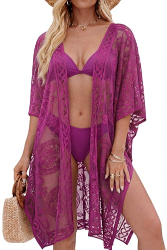 colornival Strandkimono Spitze für Damen Offene Strand Strickjacke Bikini Cover Up Strandüberwurf für Urlaub Strand und Party Rosenrot