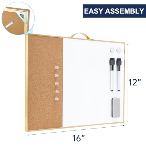 Image of Small Cork Board Whiteboard Combo - 12 inch X 16 inch Portable Aluminum Gold Framed Magnetic Dry Erase Board for Wall, Mini Bulletin CorkBoard with a Handle for Office, Home and School